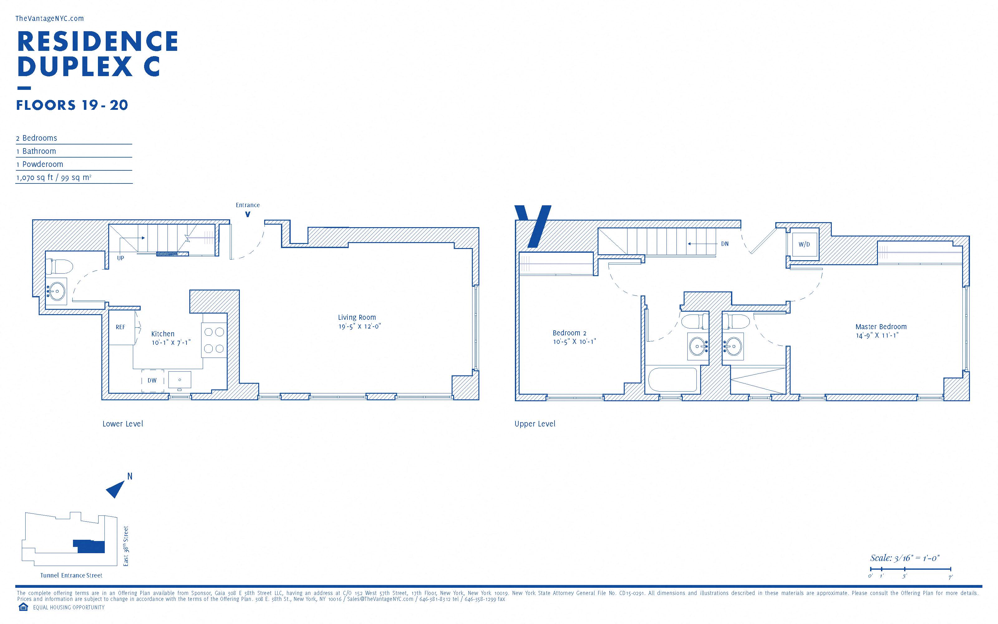 Floor plan for 2 beds, 2.5 baths, 1060 sqft